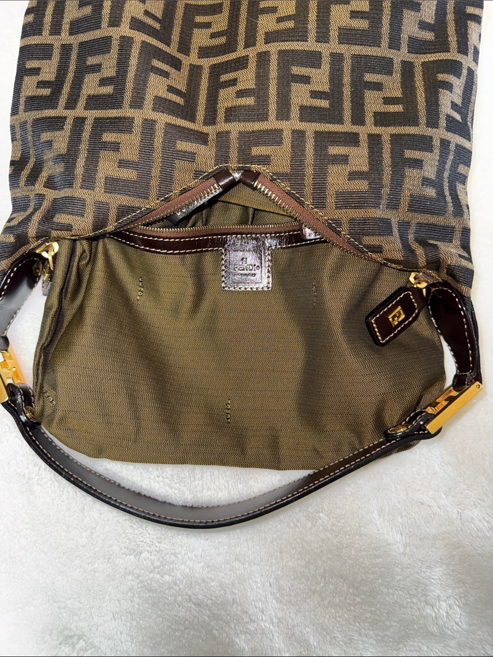 Fendi Brown and Black Zucca Canvas Shoulder Bag with Gold Hardware - Picture 12 of 12